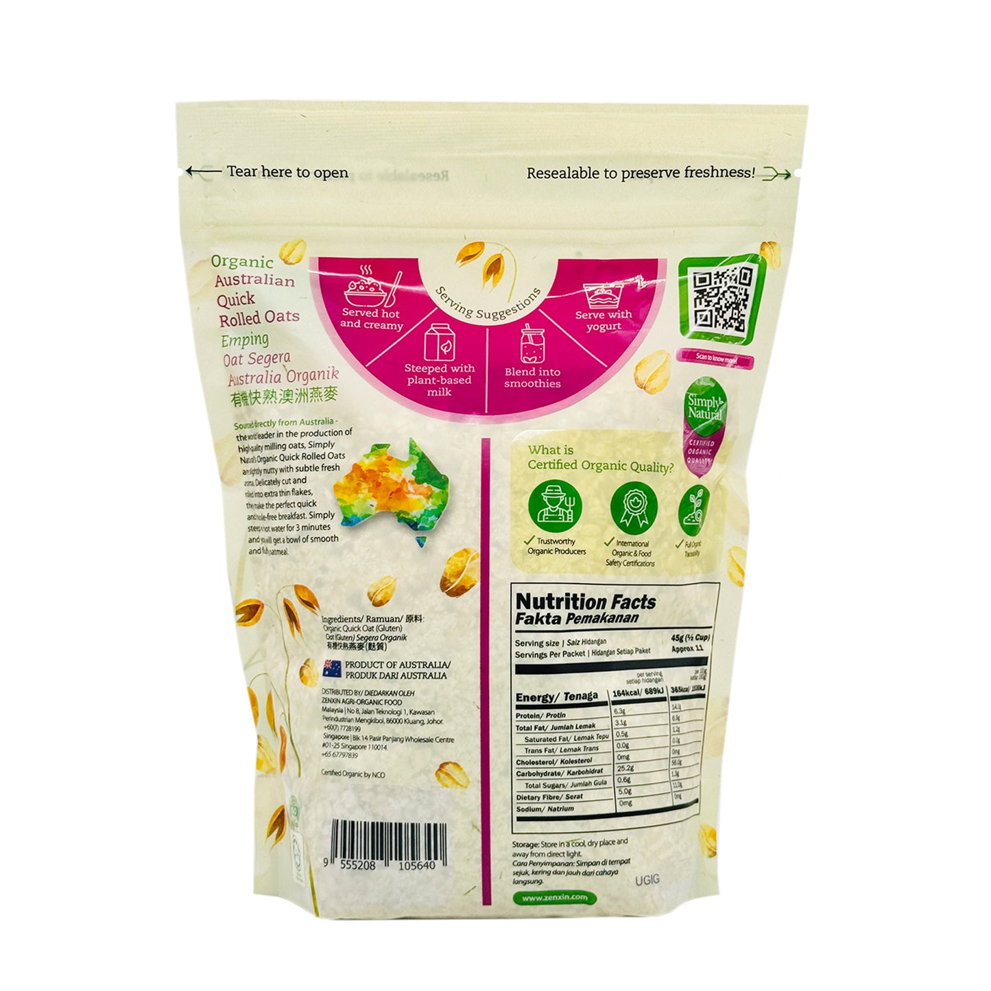 Organic Quick Rolled Oats 500g x2 (Value Pack) Australia (Halal)