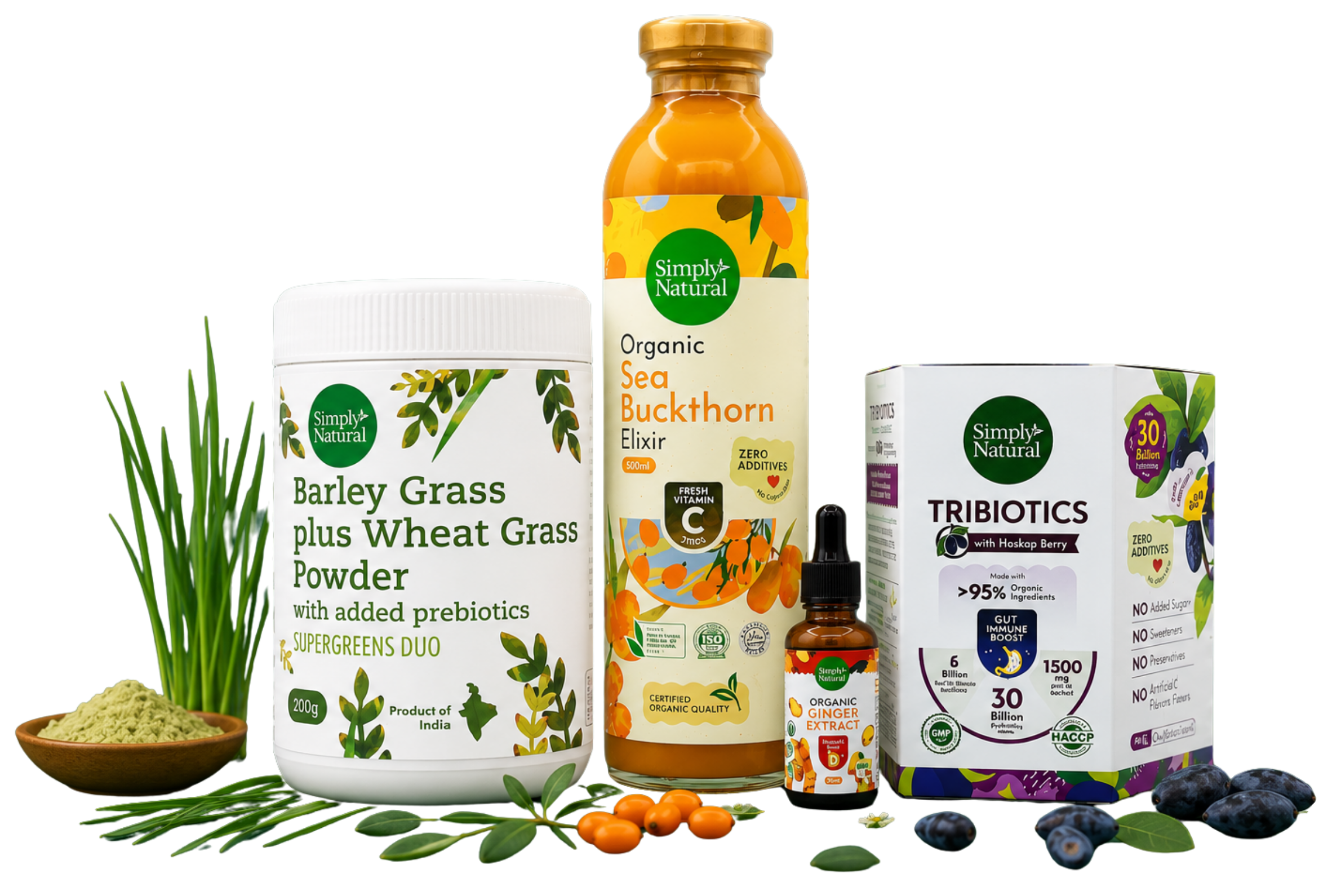 A product bundle from Simple Natural's Health on a white background, featuring a bottle of Organic Sea Buckthorn elixir liquid, a tub of Barley Grass plus Wheat Grass Powder, a box of Tribiotics, and a small dropper bottle, styled with green herbs, wheat grass, berries, and orange seeds.