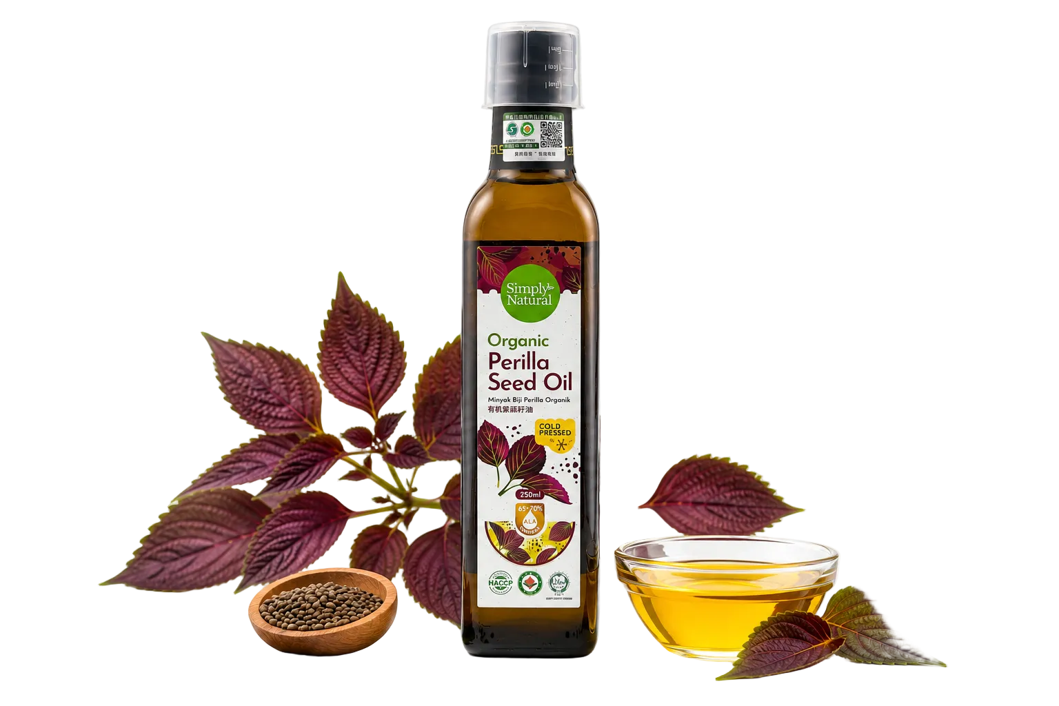 A bottle of Simple Living Organic Perilla Seed Oil stands on a white background, styled with fresh purple perilla leaves, scattered seeds, a small wooden dish of seeds, and a glass bowl of golden oil.