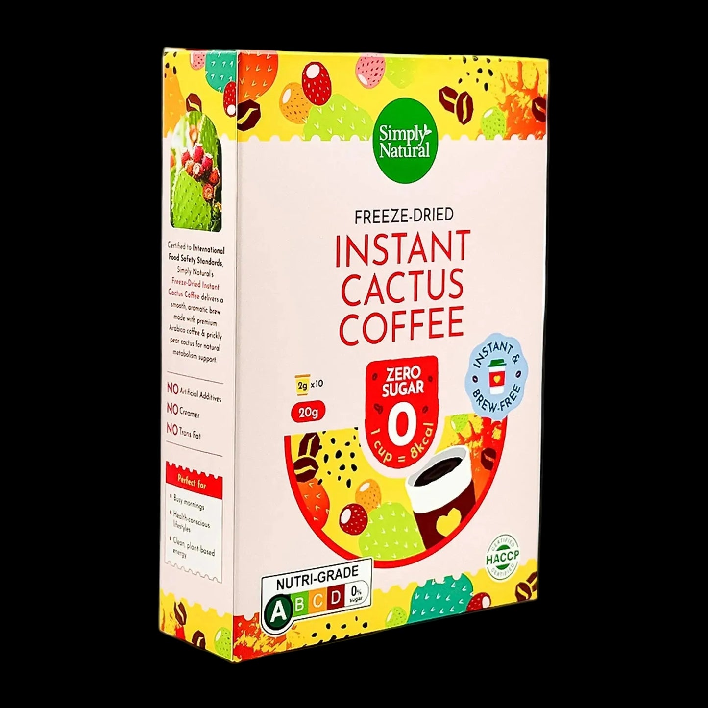 Box of freeze-dried instant cactus coffee from Simply Natural, ZERO sugar coffee shots